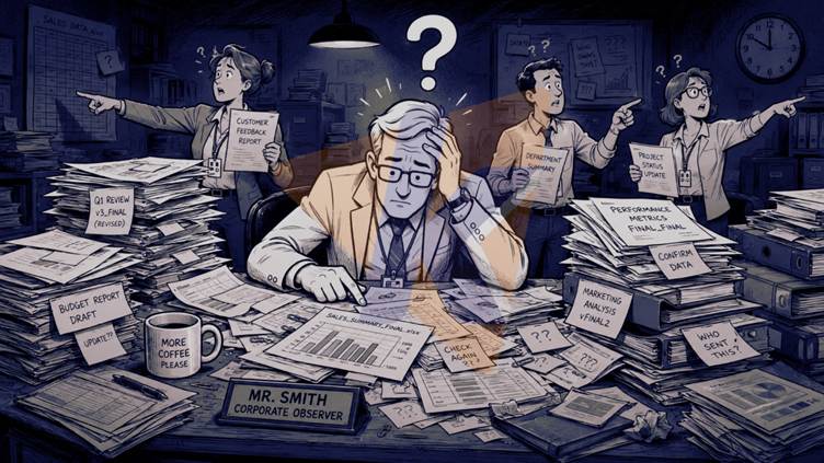 Mr smith surrounded by piles of papers